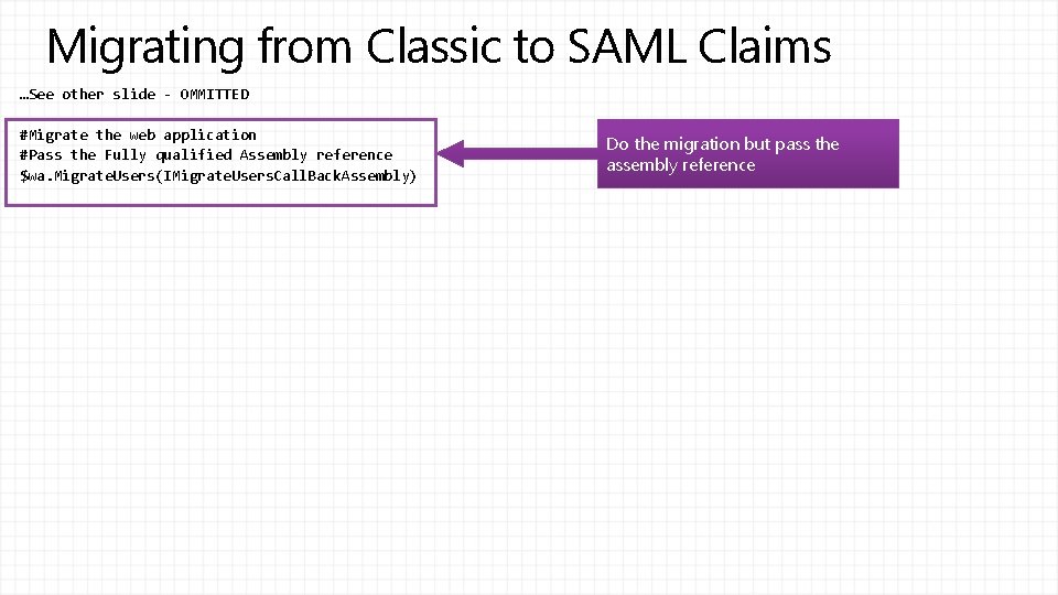 Migrating from Classic to SAML Claims …See other slide - OMMITTED #Migrate the web Migrating from Classic to SAML Claims …See other slide - OMMITTED #Migrate the web
