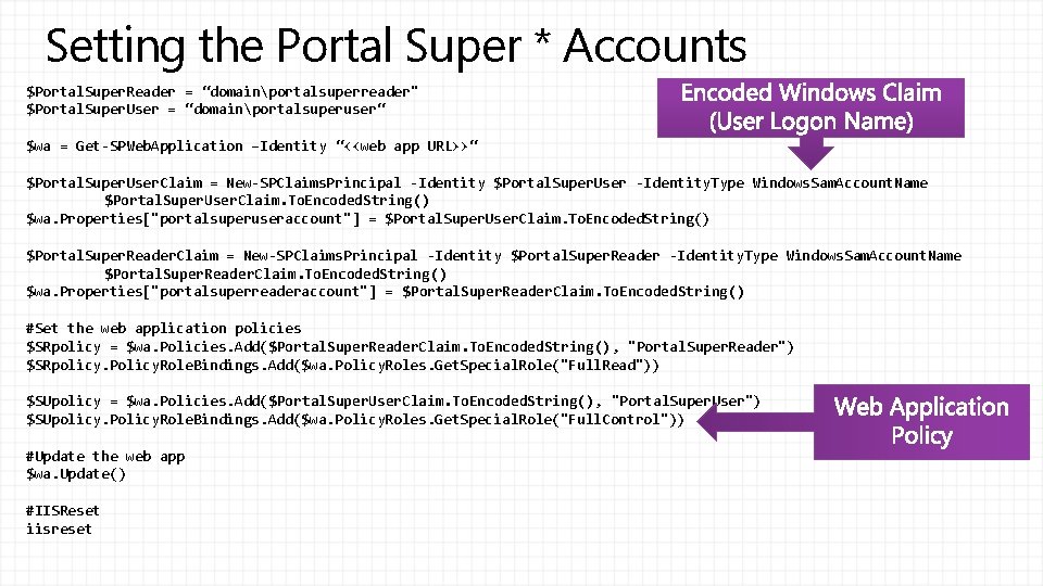 Setting the Portal Super * Accounts $Portal. Super. Reader = “domainportalsuperreader" $Portal. Super. User Setting the Portal Super * Accounts $Portal. Super. Reader = “domainportalsuperreader" $Portal. Super. User
