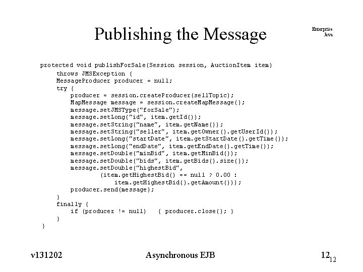 Publishing the Message Enterprise Java protected void publish. For. Sale(Session session, Auction. Item item)