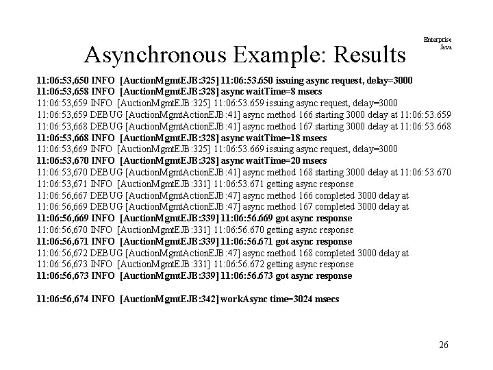 Asynchronous Example: Results Enterprise Java 11: 06: 53, 650 INFO [Auction. Mgmt. EJB: 325]