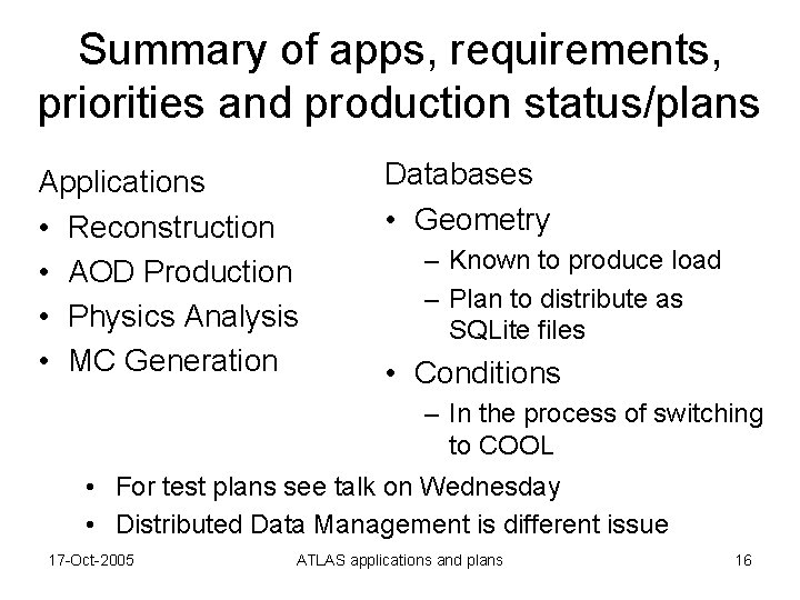 Summary of apps, requirements, priorities and production status/plans Applications • Reconstruction • AOD Production