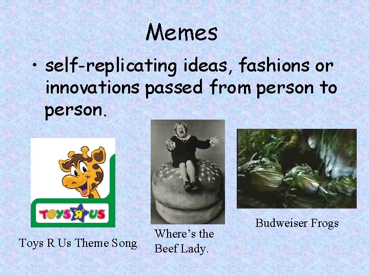 Memes • self-replicating ideas, fashions or innovations passed from person to person. Toys R