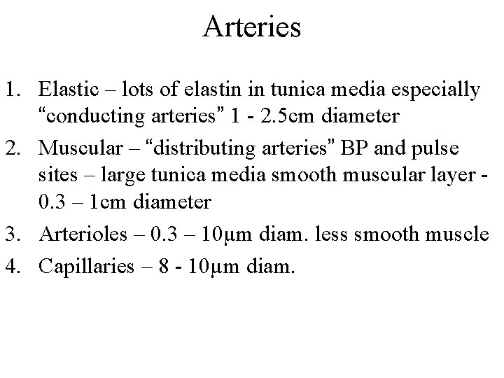 Arteries 1. Elastic – lots of elastin in tunica media especially “conducting arteries” 1