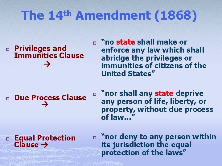 The 14 th Amendment (1868) p Privileges and Immunities Clause p Due Process Clause