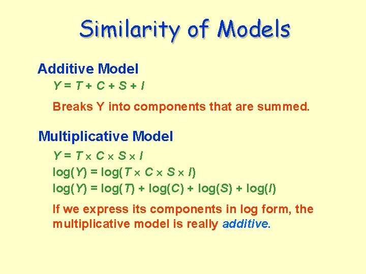 Similarity of Models Additive Model Y=T+C+S+I Breaks Y into components that are summed. Multiplicative