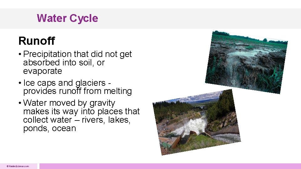 Water Cycle Runoff • Precipitation that did not get absorbed into soil, or evaporate Water Cycle Runoff • Precipitation that did not get absorbed into soil, or evaporate