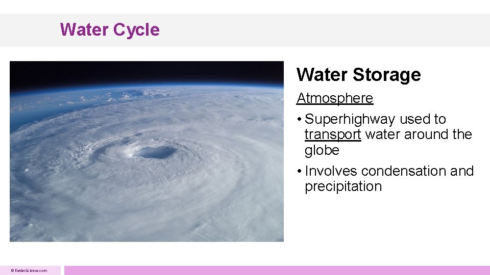 Water Cycle Water Storage Atmosphere • Superhighway used to transport water around the globe Water Cycle Water Storage Atmosphere • Superhighway used to transport water around the globe