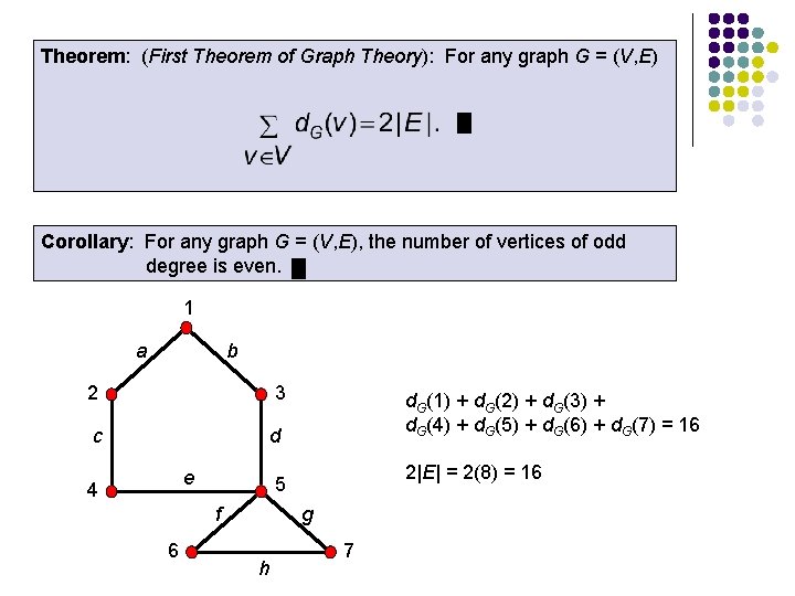 Theorem: (First Theorem of Graph Theory): For any graph G = (V, E) Corollary: Theorem: (First Theorem of Graph Theory): For any graph G = (V, E) Corollary: