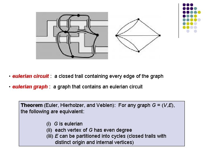 • eulerian circuit : a closed trail containing every edge of the graph • eulerian circuit : a closed trail containing every edge of the graph
