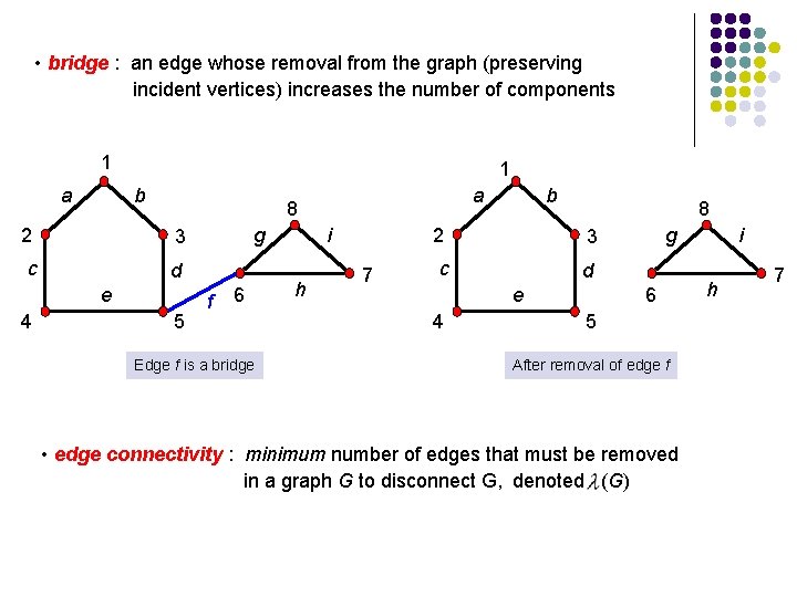 • bridge : an edge whose removal from the graph (preserving incident vertices) • bridge : an edge whose removal from the graph (preserving incident vertices)