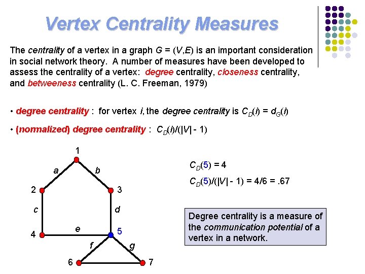 Vertex Centrality Measures The centrality of a vertex in a graph G = (V, Vertex Centrality Measures The centrality of a vertex in a graph G = (V,