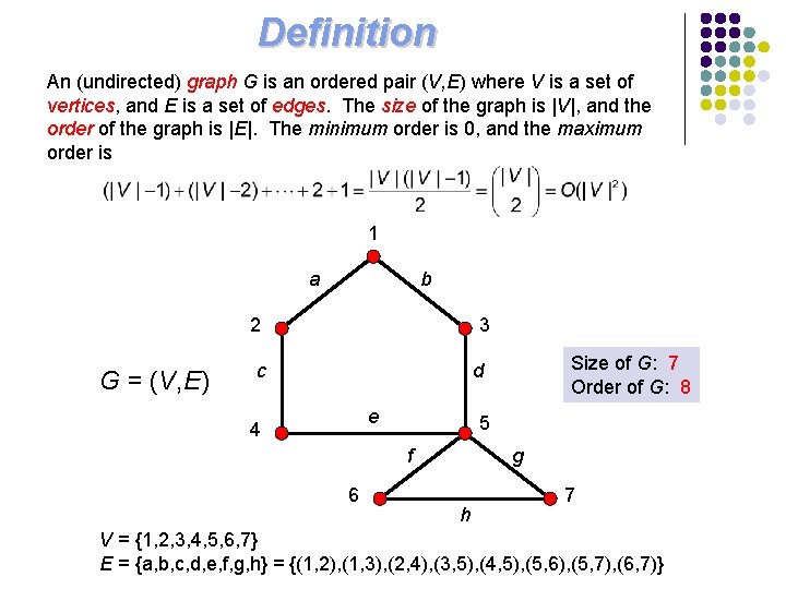 Definition An (undirected) graph G is an ordered pair (V, E) where V is Definition An (undirected) graph G is an ordered pair (V, E) where V is
