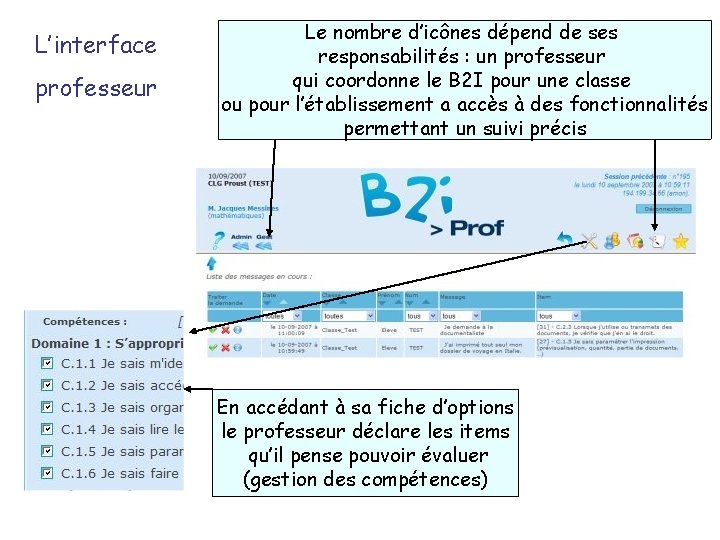 L’interface professeur Le nombre d’icônes dépend de ses responsabilités : un professeur qui coordonne