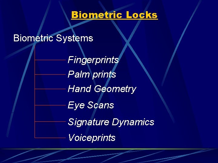 Biometric Locks Biometric Systems Fingerprints Palm prints Hand Geometry Eye Scans Signature Dynamics Voiceprints