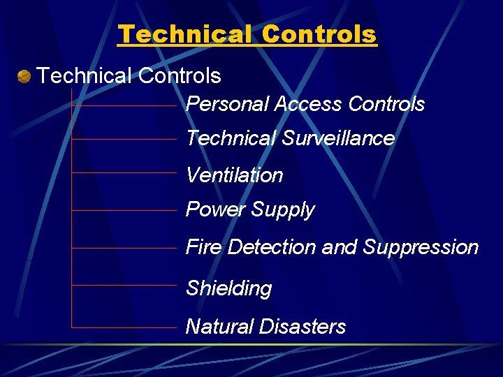 Technical Controls Personal Access Controls Technical Surveillance Ventilation Power Supply Fire Detection and Suppression