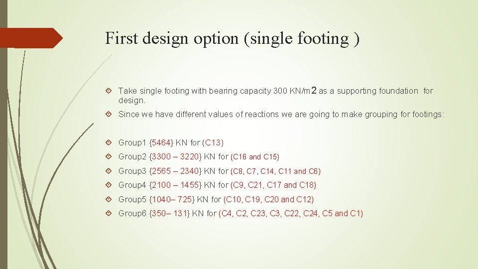 First design option (single footing ) Take single footing with bearing capacity 300 KN/m