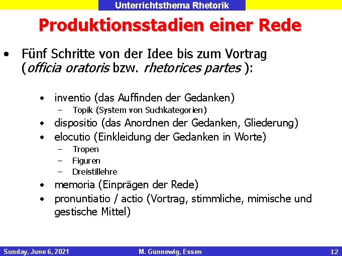 Unterrichtsthema Rhetorik Produktionsstadien einer Rede • Fünf Schritte von der Idee bis zum Vortrag