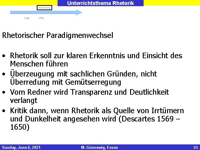 Unterrichtsthema Rhetorik Rhetorischer Paradigmenwechsel • Rhetorik soll zur klaren Erkenntnis und Einsicht des Menschen