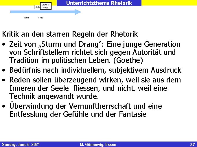 Unterrichtsthema Rhetorik Kritik an den starren Regeln der Rhetorik • Zeit von „Sturm und