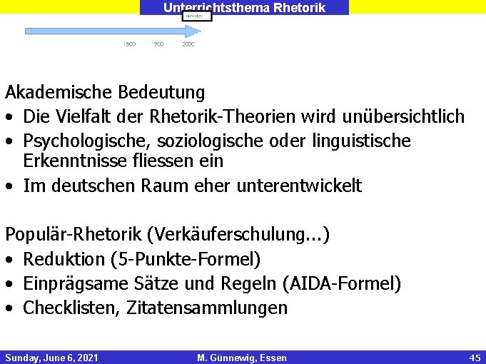 Unterrichtsthema Rhetorik Akademische Bedeutung • Die Vielfalt der Rhetorik-Theorien wird unübersichtlich • Psychologische, soziologische