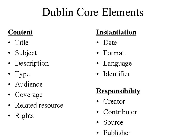 Dublin Core Elements Content • Title • Subject • Description • Type • Audience