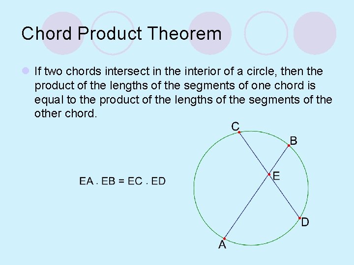 Chord Product Theorem l If two chords intersect in the interior of a circle,