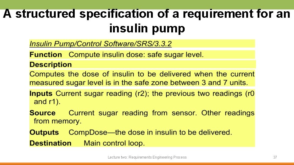 A structured specification of a requirement for an insulin pump Lecture two: Requirements Engineering