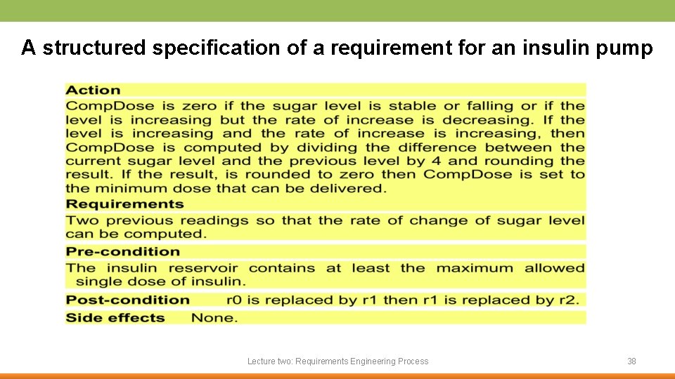 A structured specification of a requirement for an insulin pump Lecture two: Requirements Engineering