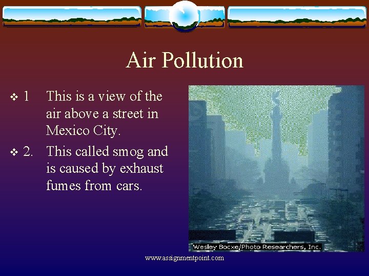 Air Pollution This is a view of the air above a street in Mexico