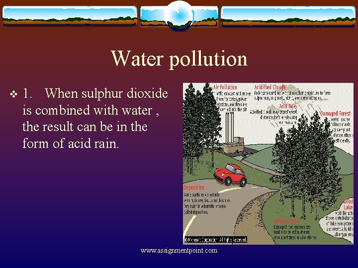 Water pollution v 1. When sulphur dioxide is combined with water , the result