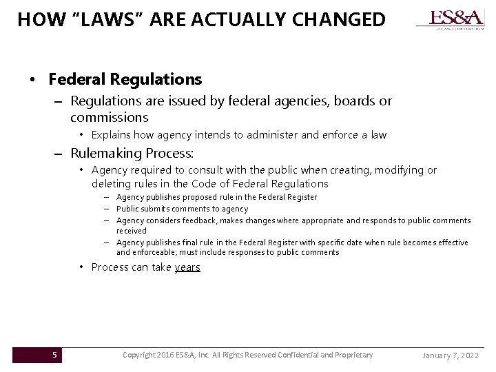 HOW “LAWS” ARE ACTUALLY CHANGED • Federal Regulations – Regulations are issued by federal