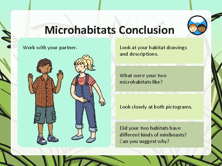 Microhabitats Conclusion Work with your partner. Look at your habitat drawings and descriptions. What