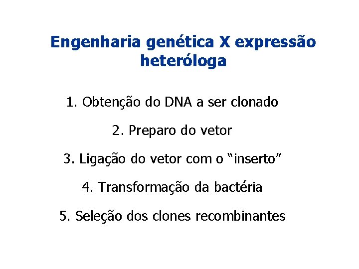 Engenharia genética X expressão heteróloga 1. Obtenção do DNA a ser clonado 2. Preparo