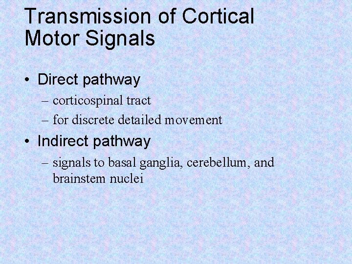 Transmission of Cortical Motor Signals • Direct pathway – corticospinal tract – for discrete