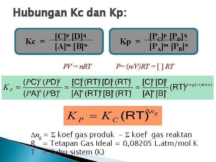 Hubungan Kc dan Kp: Kc = [C]p [D]q [A]m [B]n PV = n. RT