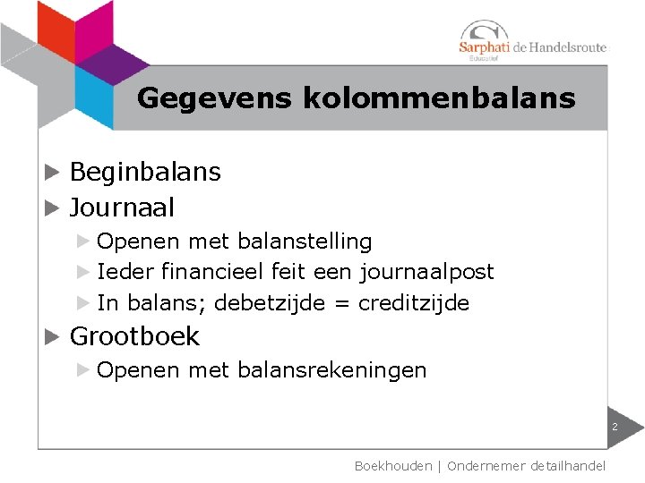 Gegevens kolommenbalans Beginbalans Journaal Openen met balanstelling Ieder financieel feit een journaalpost In balans;