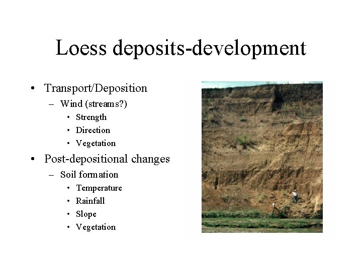 Loess deposits-development • Transport/Deposition – Wind (streams? ) • Strength • Direction • Vegetation