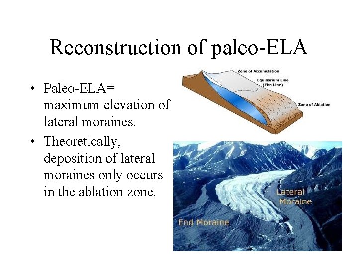Reconstruction of paleo-ELA • Paleo-ELA= maximum elevation of lateral moraines. • Theoretically, deposition of