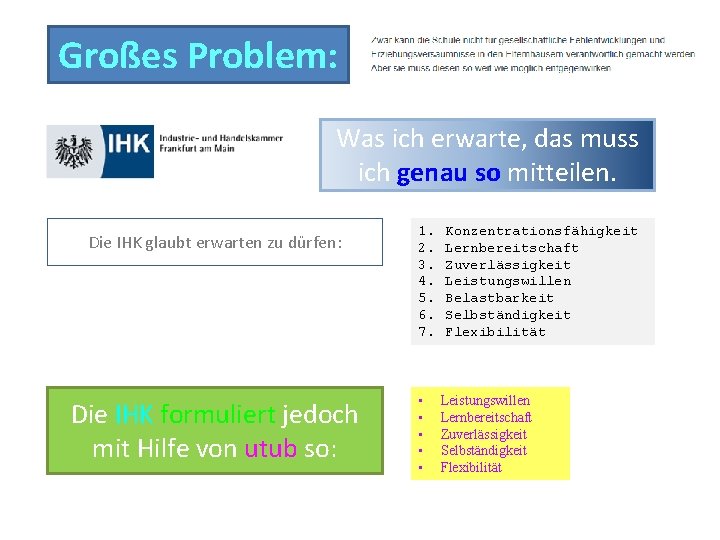 Großes Problem: Was ich erwarte, das muss ich genau so mitteilen. Die IHK glaubt