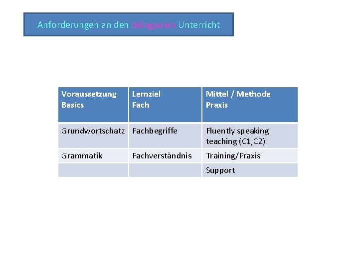 Anforderungen an den bilingualen Unterricht Voraussetzung Basics Lernziel Fach Mittel / Methode Praxis Grundwortschatz