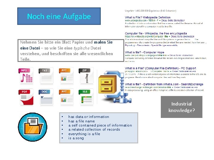 Noch eine Aufgabe Nehmen Sie bitte ein Blatt Papier und malen Sie eine Datei