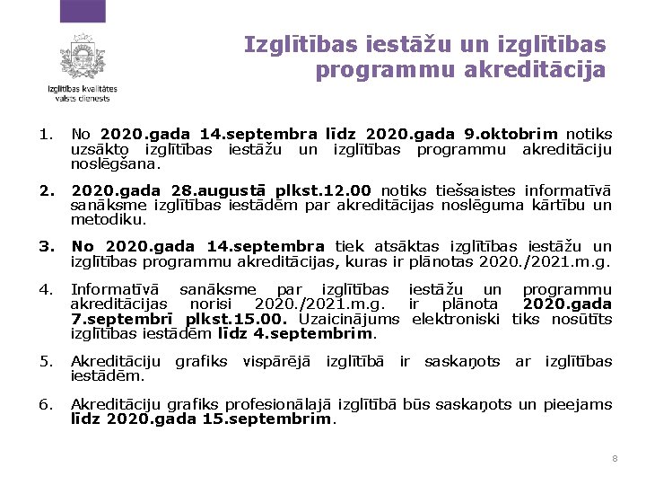 Izglītības iestāžu un izglītības programmu akreditācija 1. No 2020. gada 14. septembra līdz 2020.