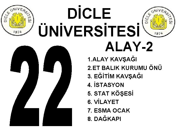 DİCLE ÜNİVERSİTESİ ALAY-2 1. ALAY KAVŞAĞI 2. ET BALIK KURUMU ÖNÜ 3. EĞİTİM KAVŞAĞI