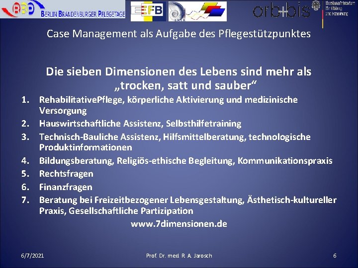 Case Management als Aufgabe des Pflegestützpunktes Die sieben Dimensionen des Lebens sind mehr als