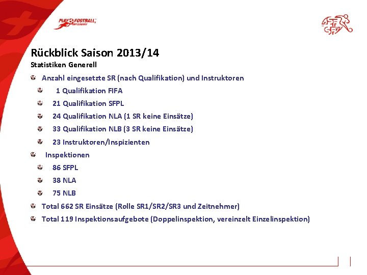 Rückblick Saison 2013/14 Statistiken Generell Anzahl eingesetzte SR (nach Qualifikation) und Instruktoren 1 Qualifikation