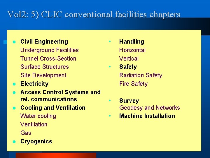Vol 2: 5) CLIC conventional facilities chapters l l l Civil Engineering Underground Facilities