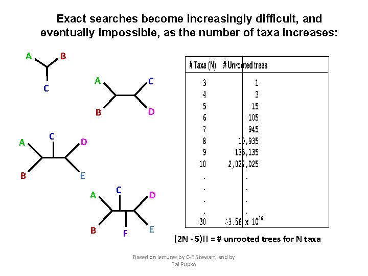 Exact searches become increasingly difficult, and eventually impossible, as the number of taxa increases: