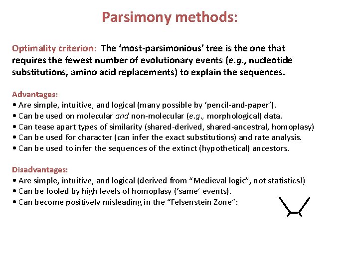 Parsimony methods: Optimality criterion: The ‘most-parsimonious’ tree is the one that requires the fewest