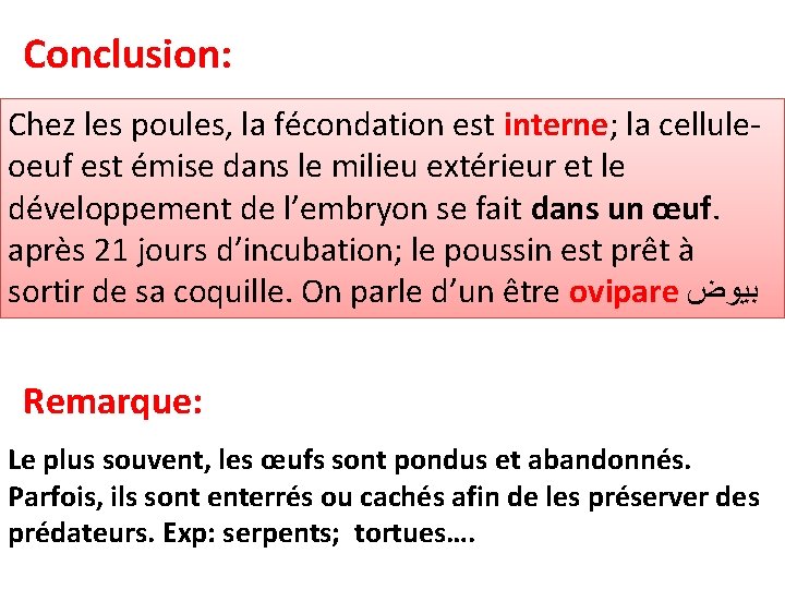 Conclusion: Chez les poules, la fécondation est interne; la celluleoeuf est émise dans le