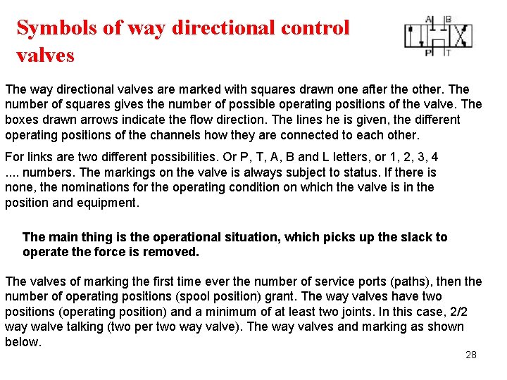Symbols of way directional control valves The way directional valves are marked with squares